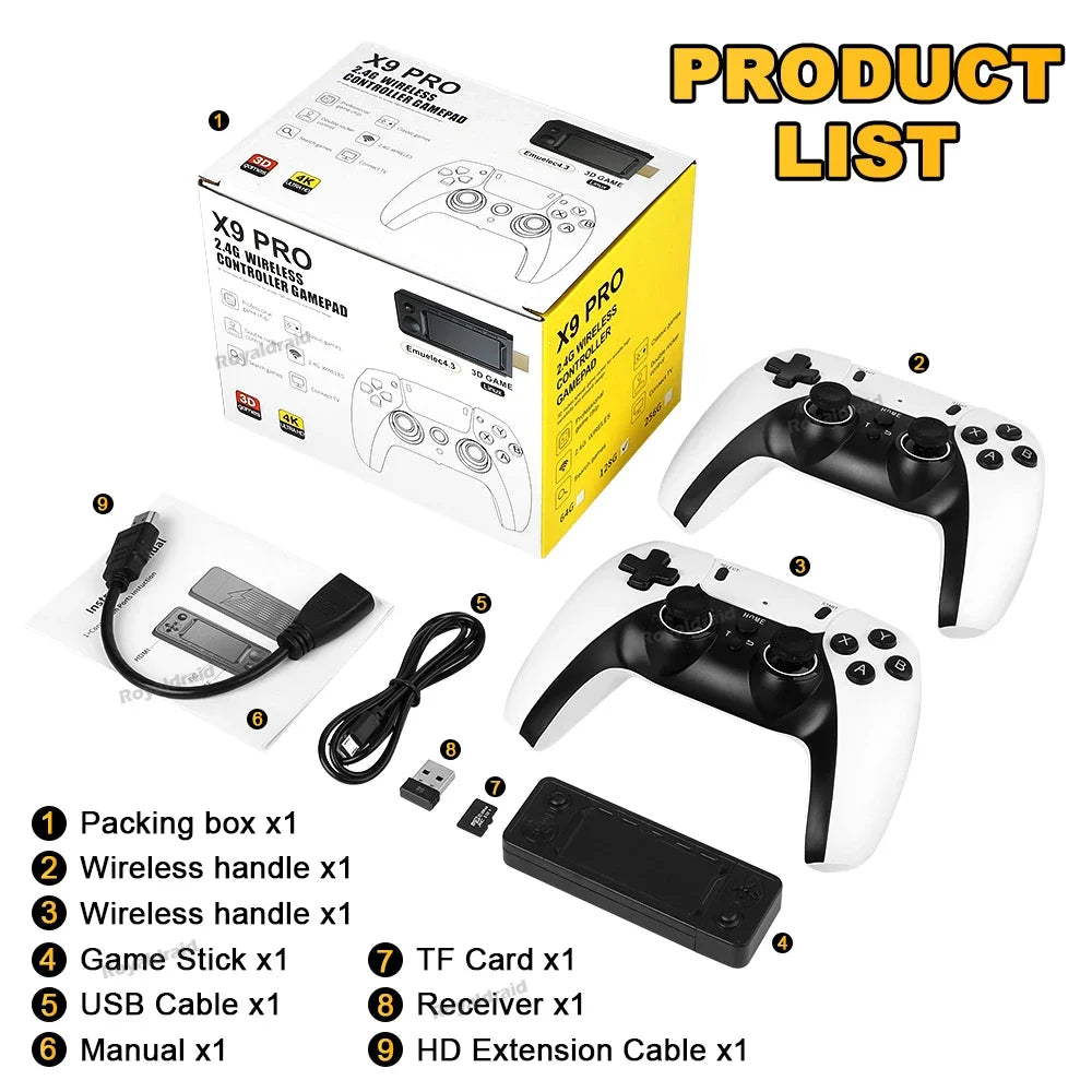 NEW 128GB X9 PRO Retro Game Console — TV Video Game Stick with 45+ Emulators for PS1, PSP, NDS, N64 & 40,000+ Games, 2.4G Dual Controllers