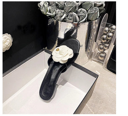 Luxury Women’s Flower Slippers — Camellia Open-Toe Slides for Home & Outdoor, Ladies Flip Flop Sandals