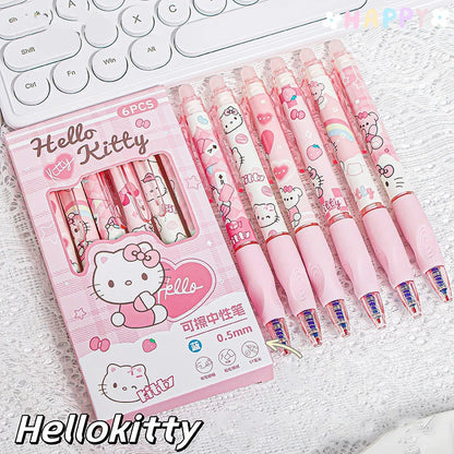 6PCS Sanrio Erasable Gel Pens – Pochacco, Kuromi, Cinnamoroll & Hello Kitty Neutral Ballpoint Pens for Students & Office