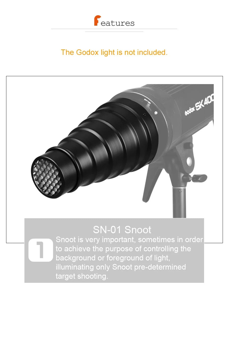 GODOX SN-01 Bowens Mount Large Snoot – Photography Studio Flash Light Fittings, Accessories for Godox S-Type, DE300, SK400 II