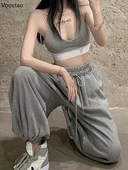 Women's White Wide Leg Jogger Sweatpants - Casual Fashion Sports Ankle-Length Trousers