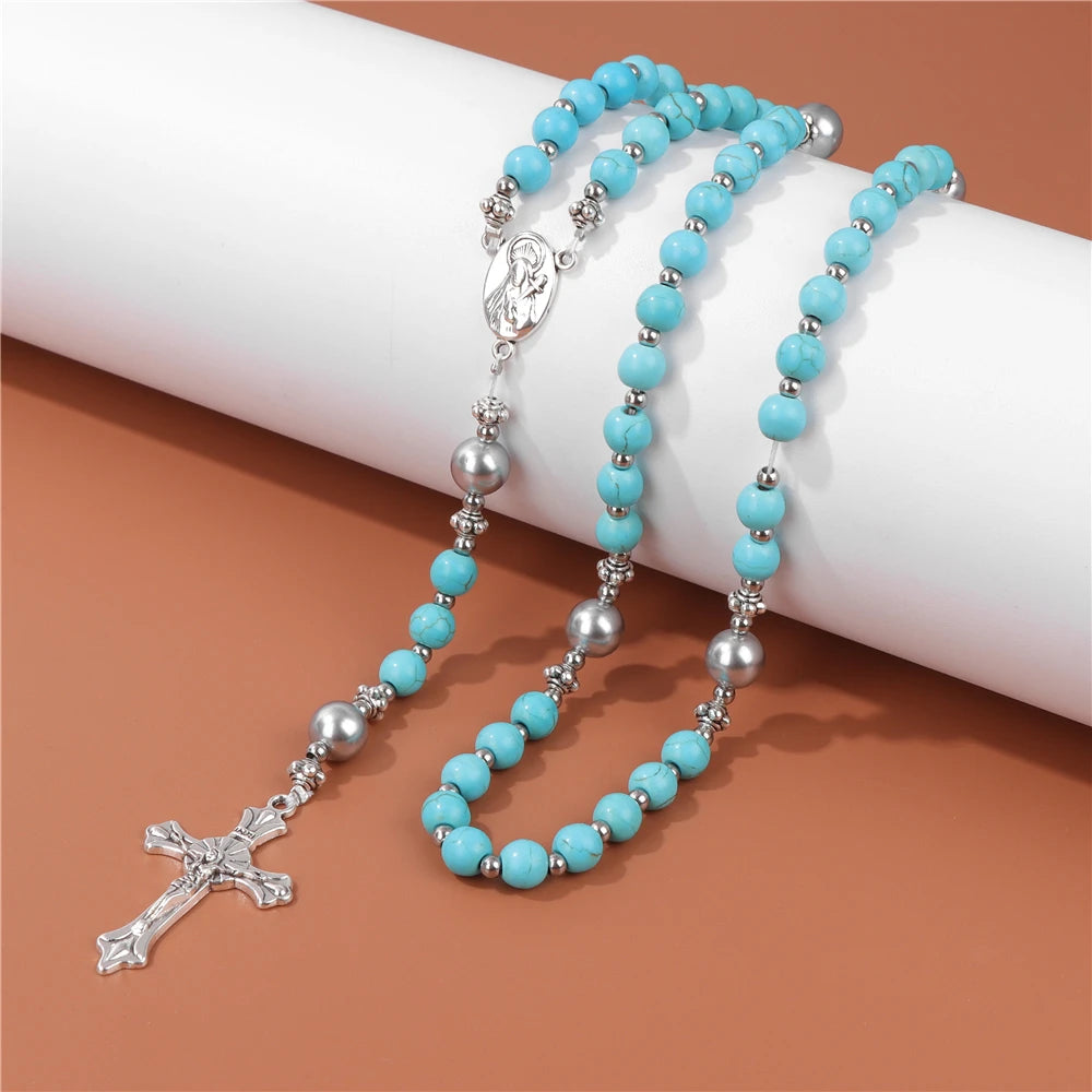 6mm Tiger Eye Rosary Beads Necklace – Catholic Jesus & Virgin Mary Pendant Long Knotted Chain Religious Jewelry for Men & Women