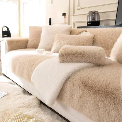 Rabbit Plush Sofa Seat Cover – Warm Non-Slip L-Shaped Couch Blanket & Cushion Slipcover for Living Room