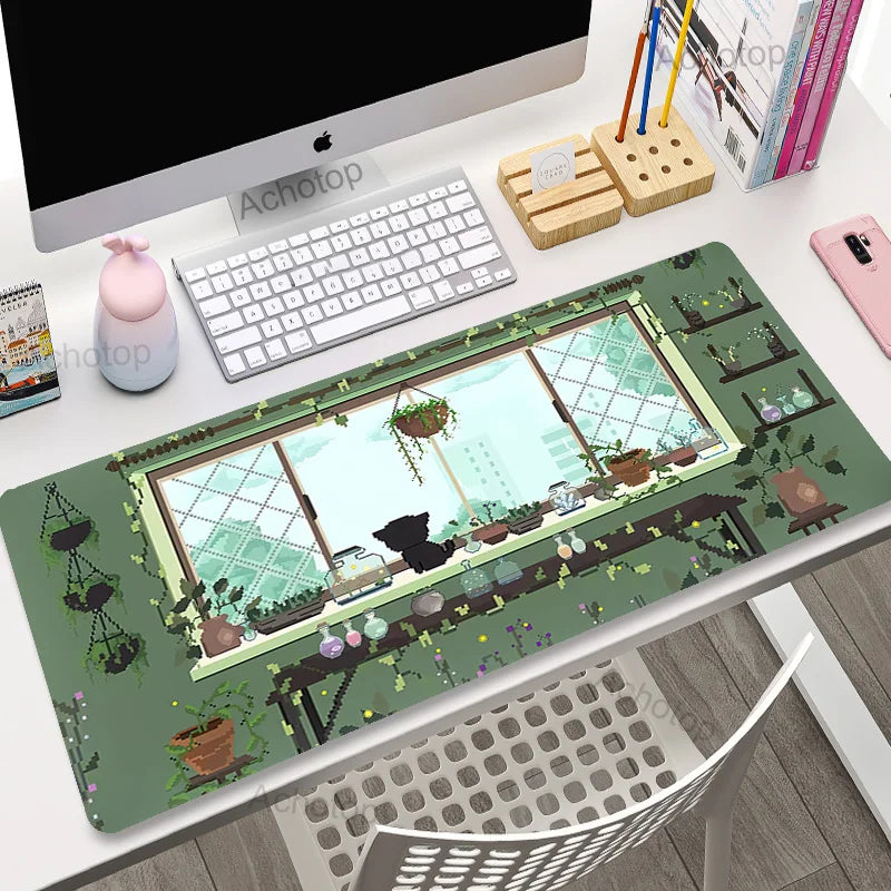 Cute Cat Gaming Mouse Pad - XL Green Plant Design XXL Desk Mat for Keyboard Computer Laptop Gamer Setup