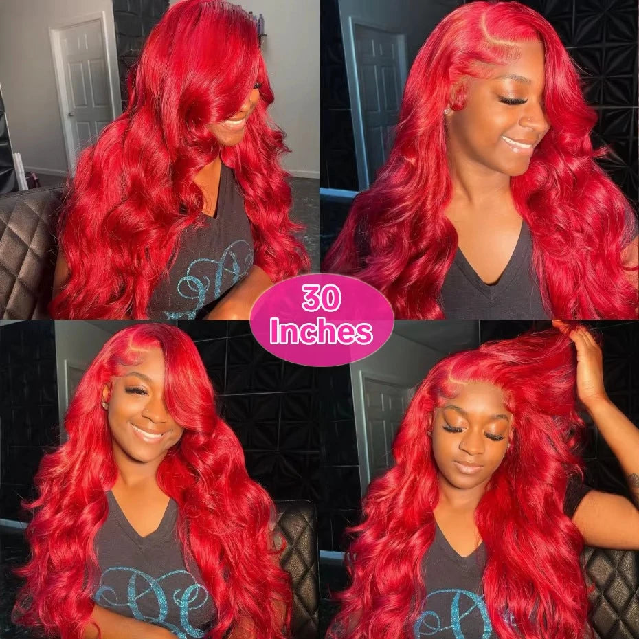 30 Inch Hot Red Body Wave Wig – 13x4 Lace Front, Pre-Plucked Brazilian Human Hair, HD Transparent 13x6 Lace Frontal Wig
