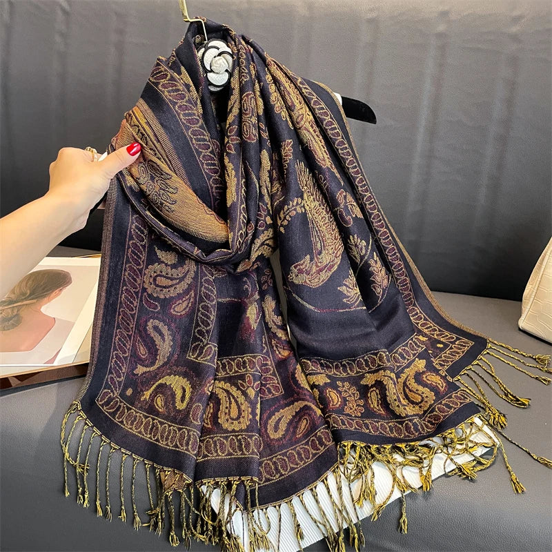 Luxury Autumn Cashmere Pashmina Shawl – Warm Winter Scarves for Women, Printed Cotton Foulard Stole Scarf 2023