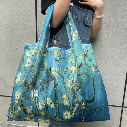 Flower Oil Painting Foldable Reusable Shopping Bag – Large Capacity Portable Shoulder Tote for Travel, Grocery & Beach Storage Handbag