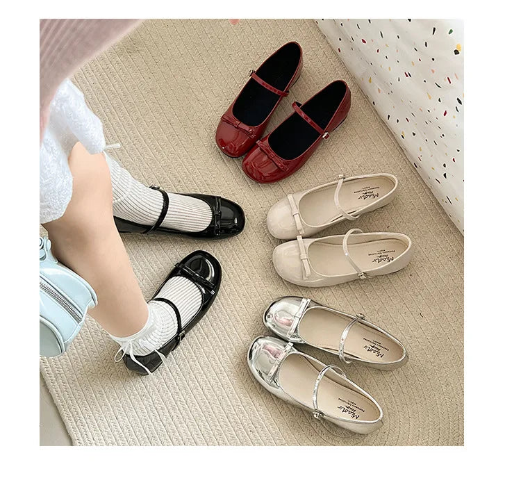 Spring Autumn Wine Red Mary Jane Shoes – Women’s Low Heel Leather Flats with Butterfly Knot & Round Toe