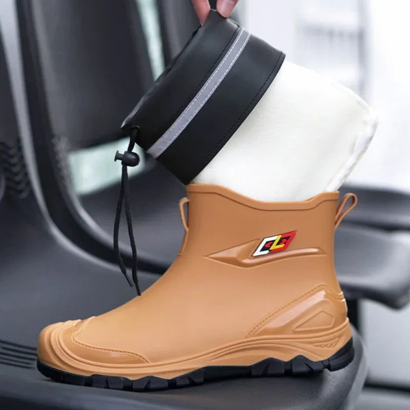 Men’s Ankle-High Fleece-Lined Rain Boots – Waterproof, Anti-Slip, Wear-Resistant Work & Fishing Shoes