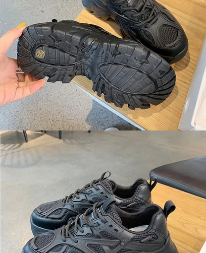 2024 Women's Fashion Platform Sport Shoes - Chunky Black Mesh Leather Casual Sneakers for Summer