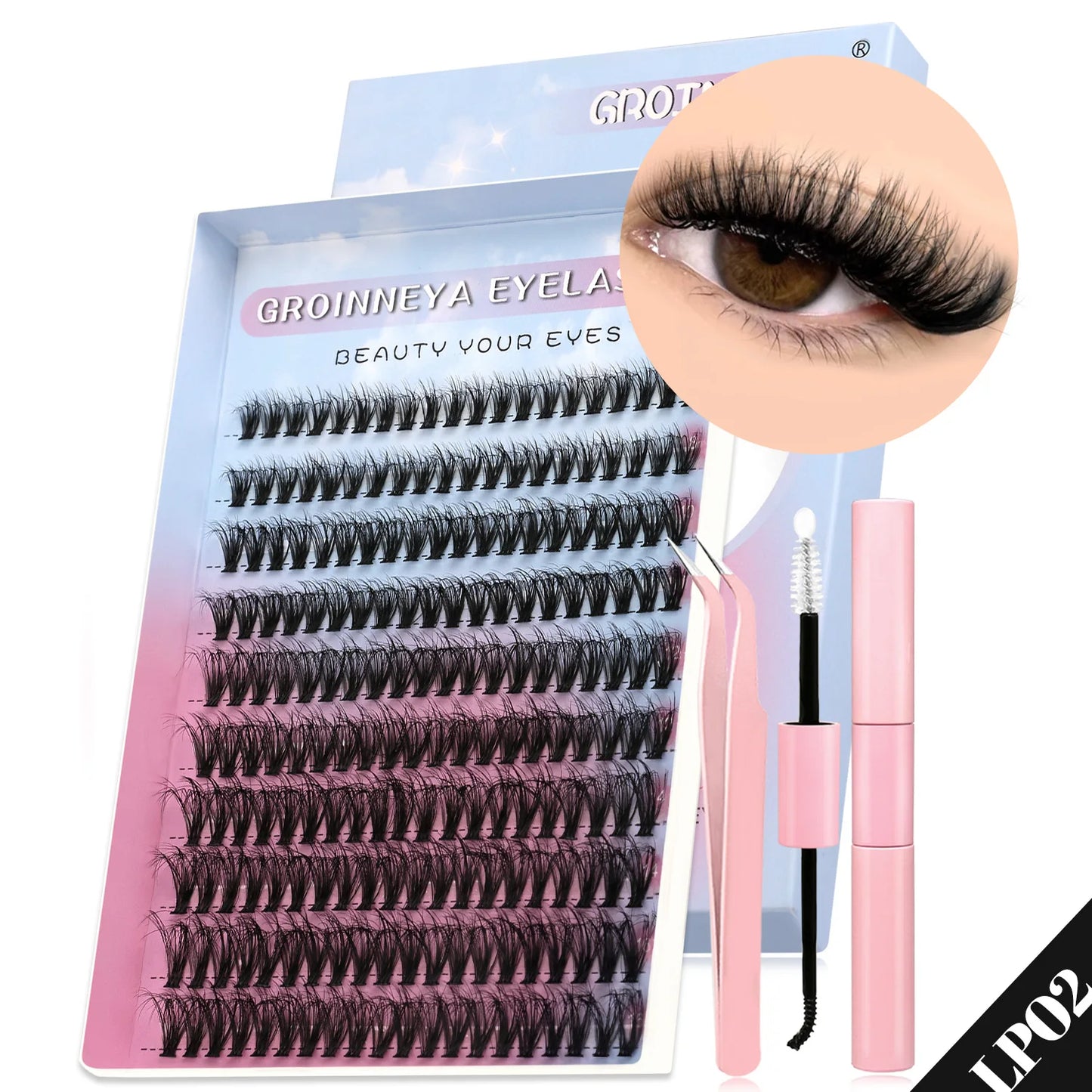 GROINNEYA Cat Lash Clusters Kit – 640pcs with Lash Bond & Seal, DIY Eyelash Extensions for Home Use