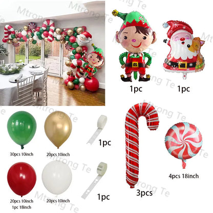 Christmas Balloon Garland Arch – Red & Green Balloons, Star, Santa, and Gift Box Foil Balloons for Xmas and New Year Decoration