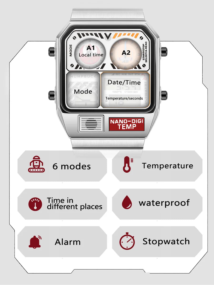 HUMPBUCK Digital Watch for Men – Classic Multifunctional Wristwatch with Temperature, Stopwatch, Dual Time & Calendar
