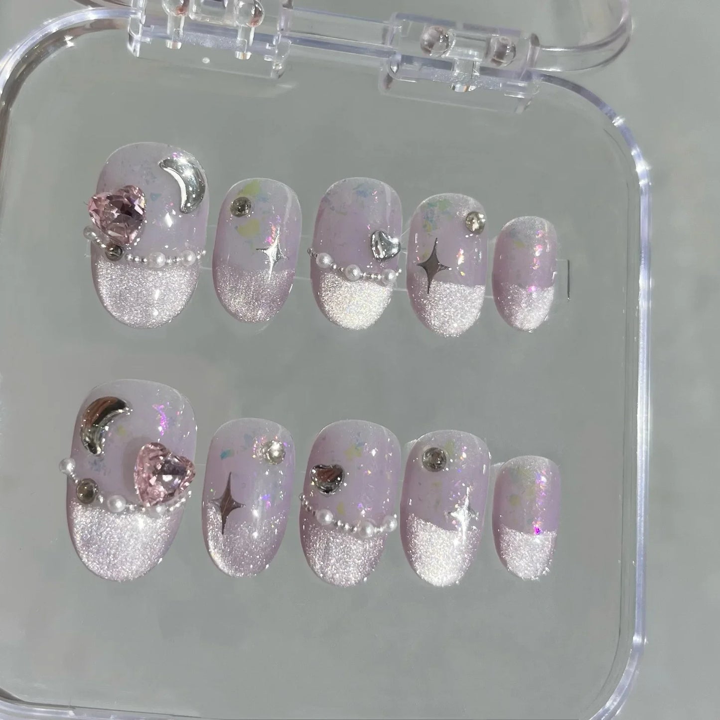 10 Pcs Short Handmade Pink Press-On Nails – Spring French Rhinestone Plaid Full Cover Fake Nail Tips