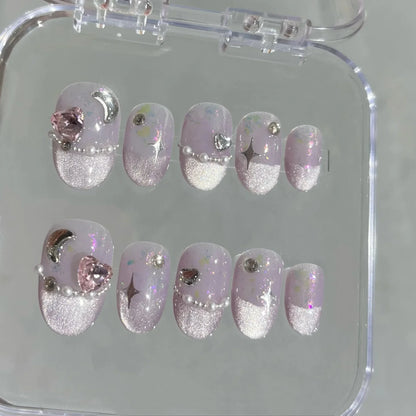 10 Pcs Short Handmade Pink Press-On Nails – Spring French Rhinestone Plaid Full Cover Fake Nail Tips