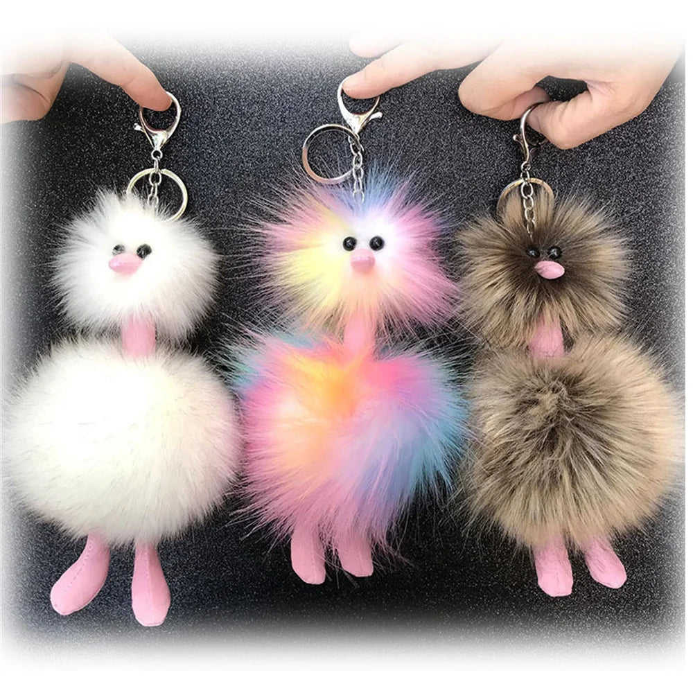 Cute Doll Ostrich Plush Pendant Keychain – Colorful Fur Ball Backpack Key Ring, Creative Gift for Women 2025 Xmas & New Year