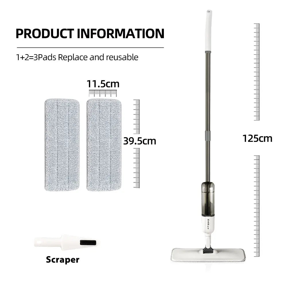 DARIS 360° Spray Flat Mop — Reusable Microfiber Pads with 500ML Large Capacity Square Triangle Bottle