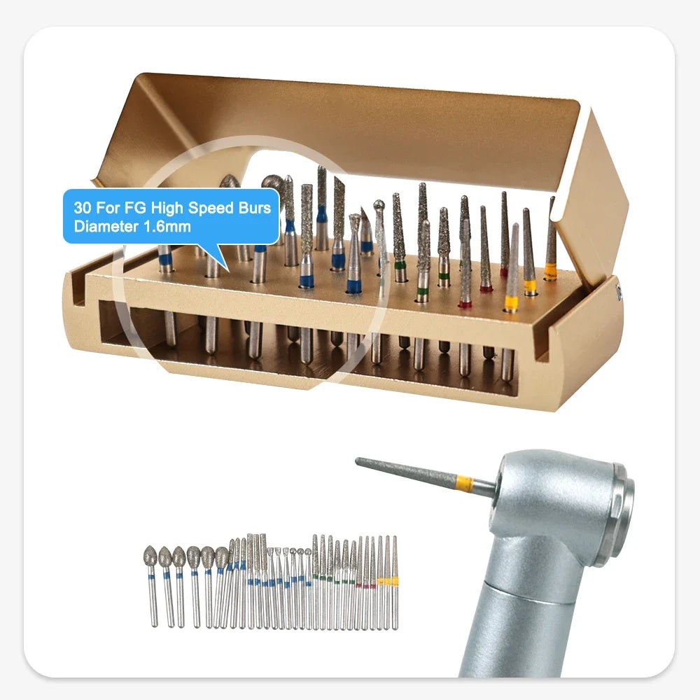 30Pcs/Set Aluminum Dental Burs Kit – Diamond Burs for High-Speed Handpiece with Holder & Burs Placement Box