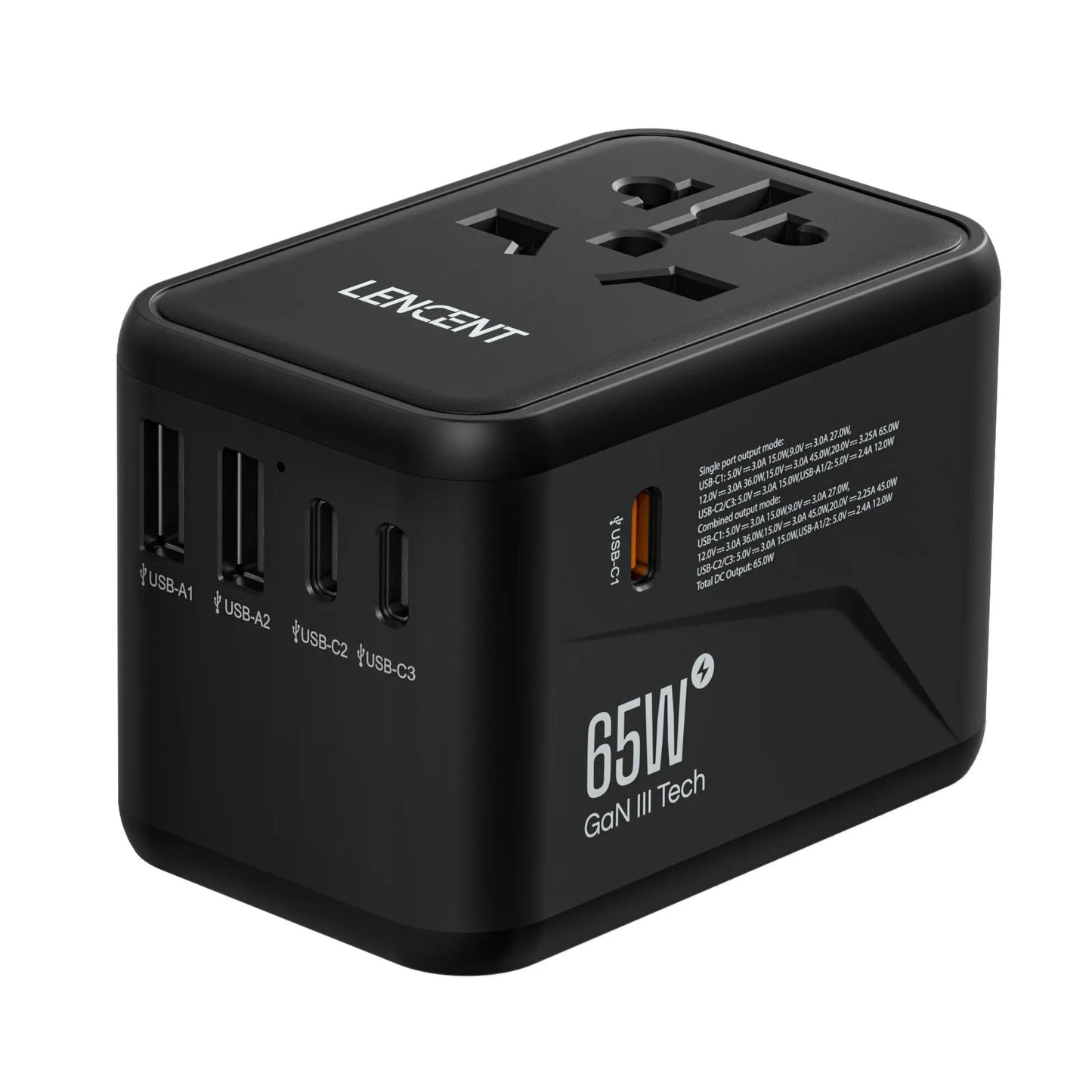LENCENT 65W/100W GaN Fast Charging International Travel Adapter - 2 USB and 3 Type-C Ports, Includes EU, AU, US, UK Plugs