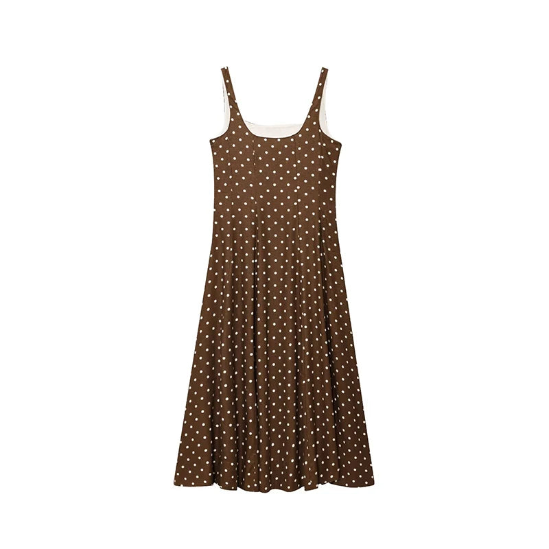 Elegant Women’s Polka Dot Maxi Dress – Chic Sleeveless Round Neck High Waist Slim Fit Vestido for Party & Street, 2025 New