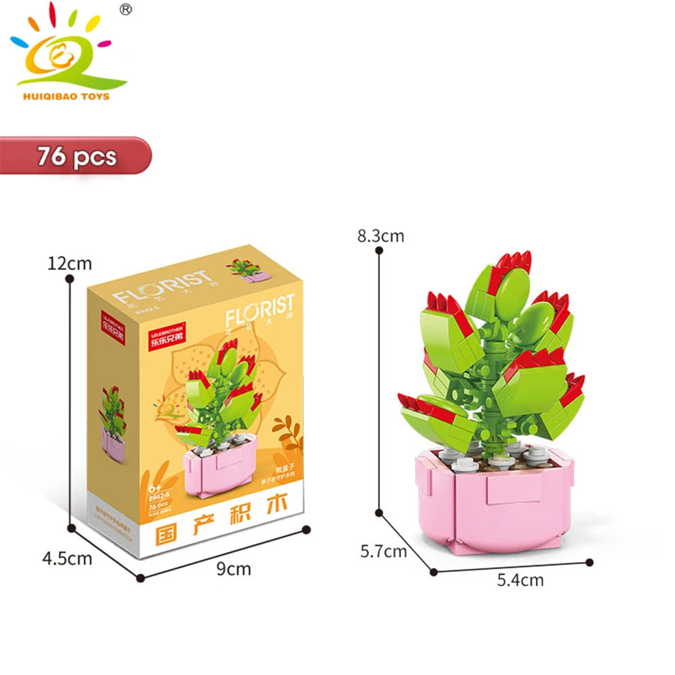 HUIQIBAO MOC Flower & Succulent Potted Building Block Set – DIY Eternal Bouquet, Home Desk Plant Decor, Girls & Kids Toy Gift