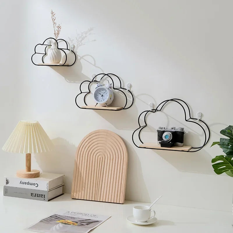 Creative Cloud Iron Shelving Wall Shelf – Nordic Style Wooden Clapboard for Children's Room Decoration and Display