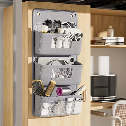 Gray Wall-Mounted Storage Organizer – Multi-Compartment Fabric Hanging Bag with Window & Hooks for Office or Closet