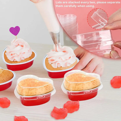 50Pcs 100ml Tin Foil Aluminum Pudding Cups with Lid - Heart-shaped Disposable Mini Mousse Cupcake Containers Baking Moulds