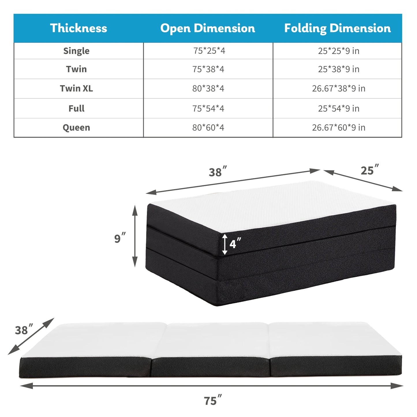 JHK Three-Fold Portable Floor Bed – CertiPUR-US Certified, Soft & Flexible Zipper Mattress for Travel, Camping, and Yoga