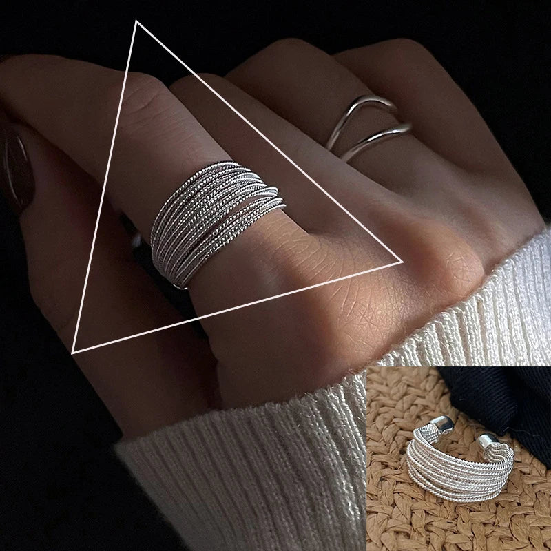 VENTFILLE 925 Sterling Silver Adjustable Ring – Vintage Hollow Line Punk Hip Hop Couple Jewelry