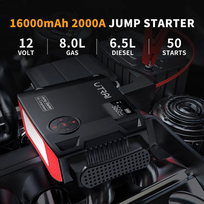 UTRAI 4-in-1 Car Jump Starter Power Bank - 2000A Battery Booster with 16000mAh Capacity, 150PSI Air Compressor Tire Inflator & Portable Charger