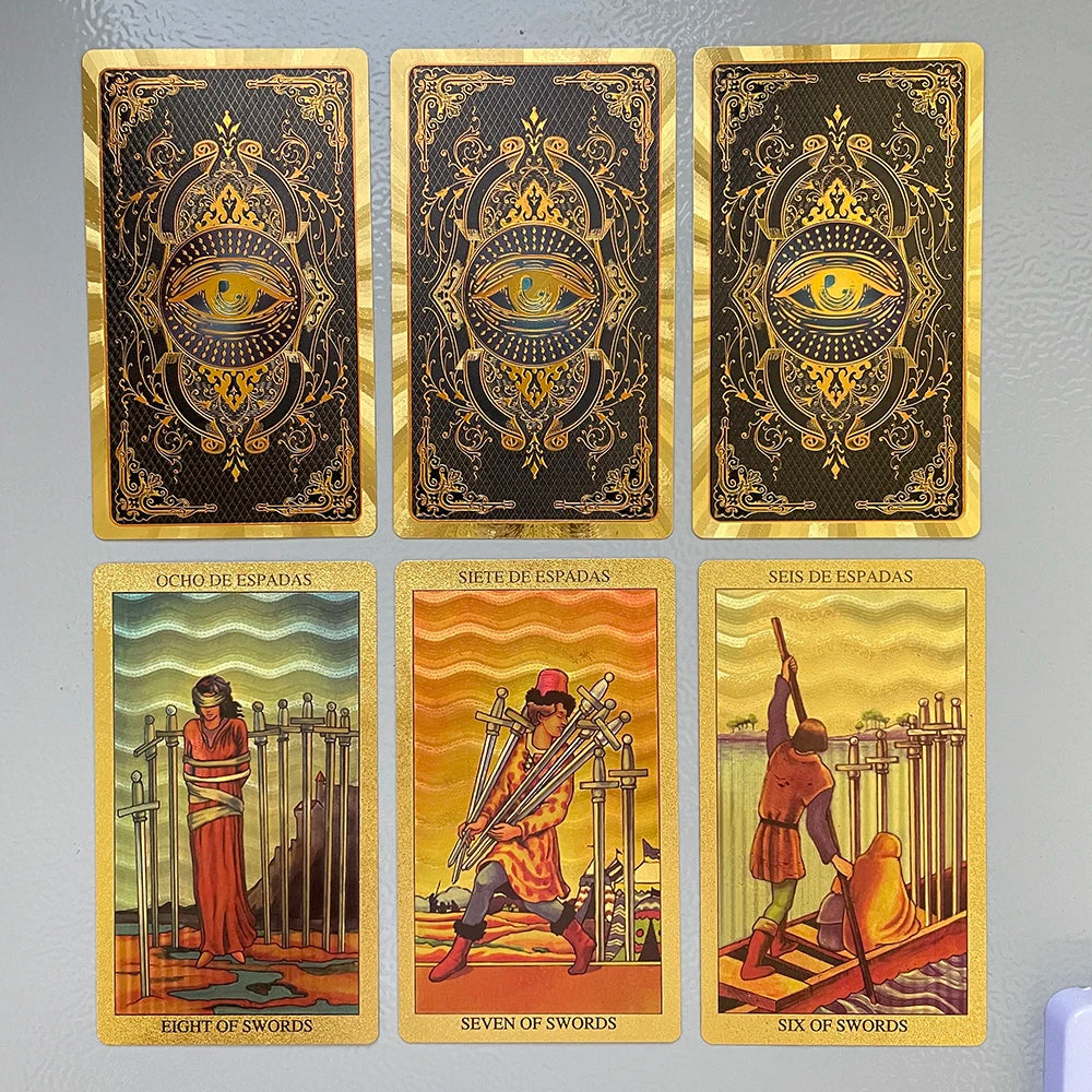 Spanish & English Golden Foil Tarot Deck – 12x7cm Prophecy Cards for Beginners with 2-Language Guidebook