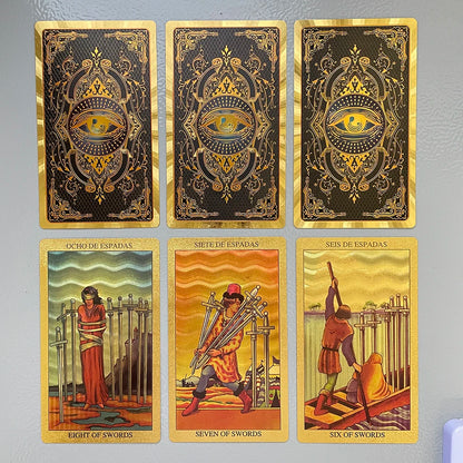 Spanish & English Golden Foil Tarot Deck – 12x7cm Prophecy Cards for Beginners with 2-Language Guidebook