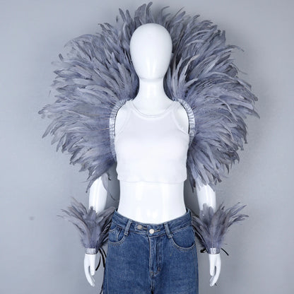 Women’s 2-Piece Feather Shawl Set - Elegant Punk-Style Cosplay Accessories for Halloween, Masquerade Balls, Parties, and Carnivals