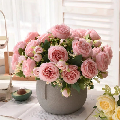 30cm Rose Pink Peony Silk Bouquet Artificial Flower, 5 Big Heads & 4 Small Buds for Wedding & Home Decor