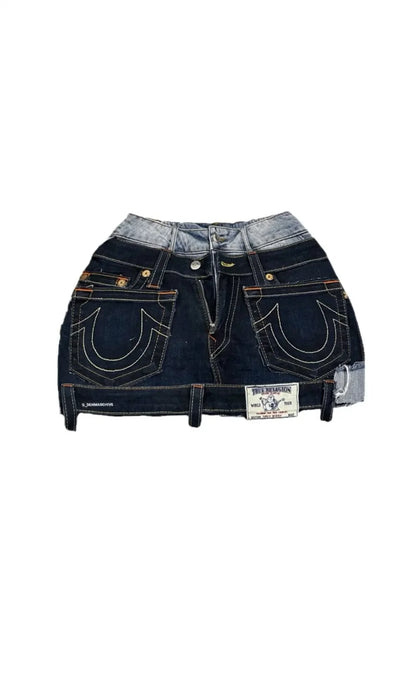 Gothic High-Waisted Y2K Denim Mini Skirt – Retro Patchwork Pleated Skirt with Letter Embroidery for Women