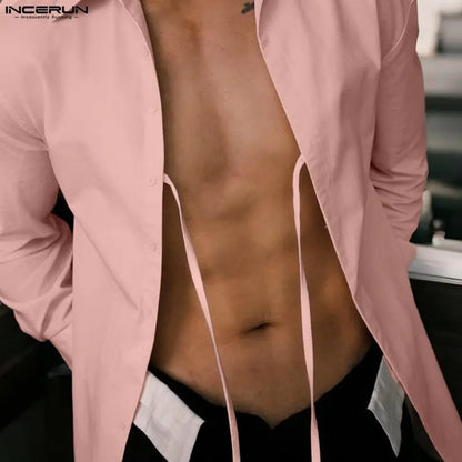 Men’s Lace Up Hollow Out Shirt - Long Sleeve Lapel Streetwear Top for Fashion Parties and Casual Style
