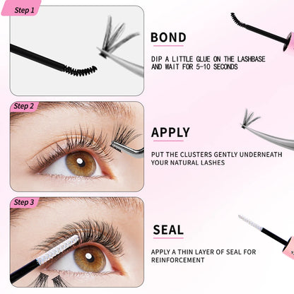 DIY Eyelash Extension Kit – Individual Lash Clusters (8-16mm) with Bond, Seal & Applicator