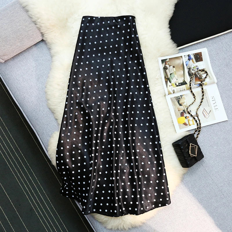Seoulish Women’s Vintage Polka Dot Satin Mermaid Skirt – High Waist Midi Length Casual Spring Summer Fashion Skirt 2026