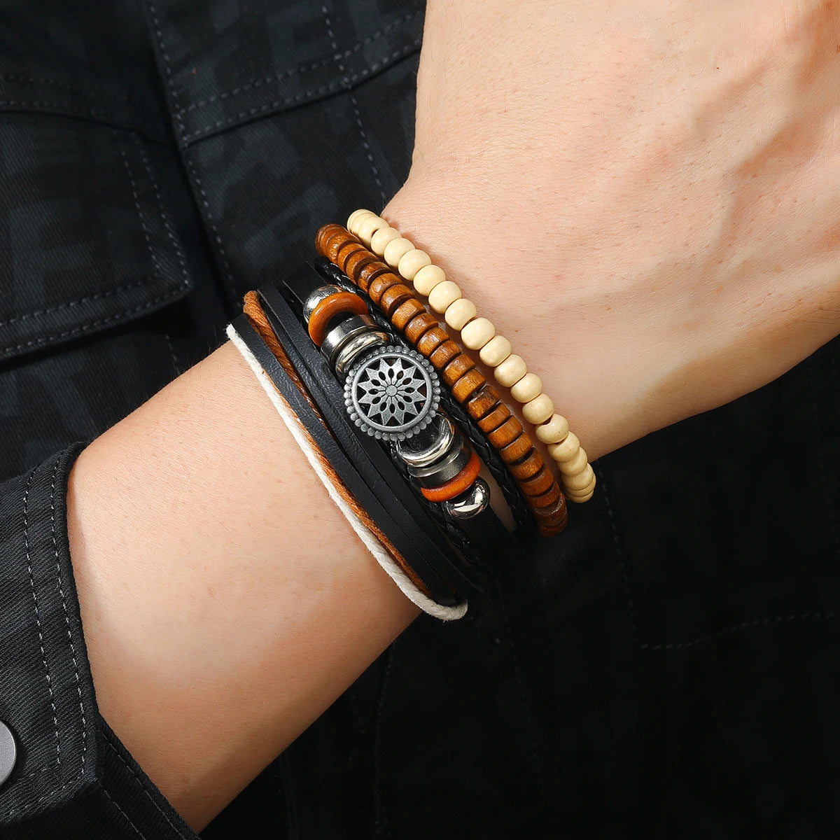 4Pcs Men's Braided Leather Bracelets Set – Vintage Life Tree & Rudder Charms, Wood Beads, Ethnic Tribal Wristbands