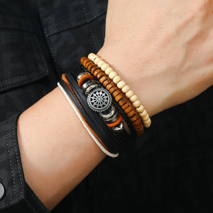 4Pcs Men's Braided Leather Bracelets Set – Vintage Life Tree & Rudder Charms, Wood Beads, Ethnic Tribal Wristbands