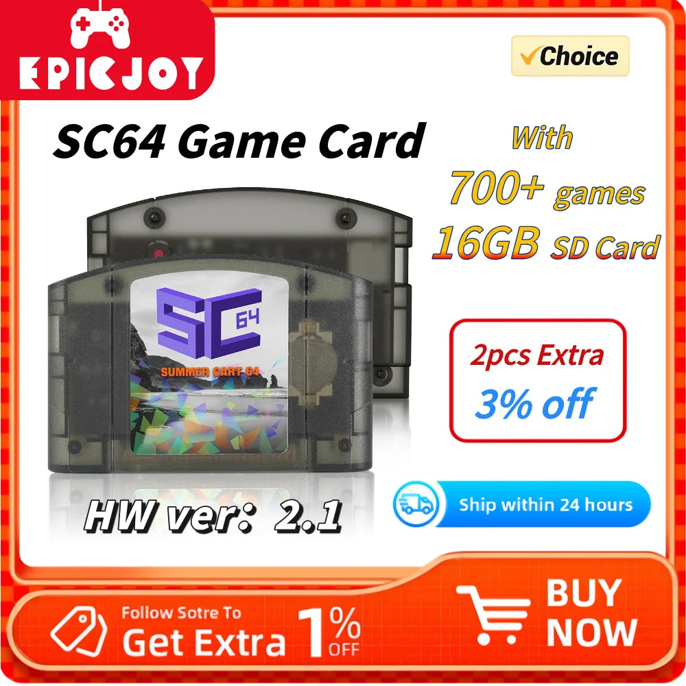 EPICJO SummerCart 64 Open Source N64 Game Card – 700+ Games & 64DD Compatibility, Includes Free 16GB SD Card for Nintendo 64
