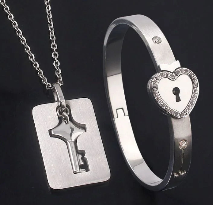 Couple Stainless Steel Love Lock Bracelet & Key Pendant Necklace – Romantic Jewelry Gift for Men and Women