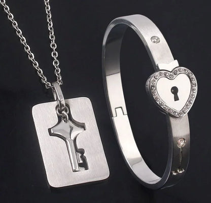 Couple Stainless Steel Love Lock Bracelet & Key Pendant Necklace – Romantic Jewelry Gift for Men and Women