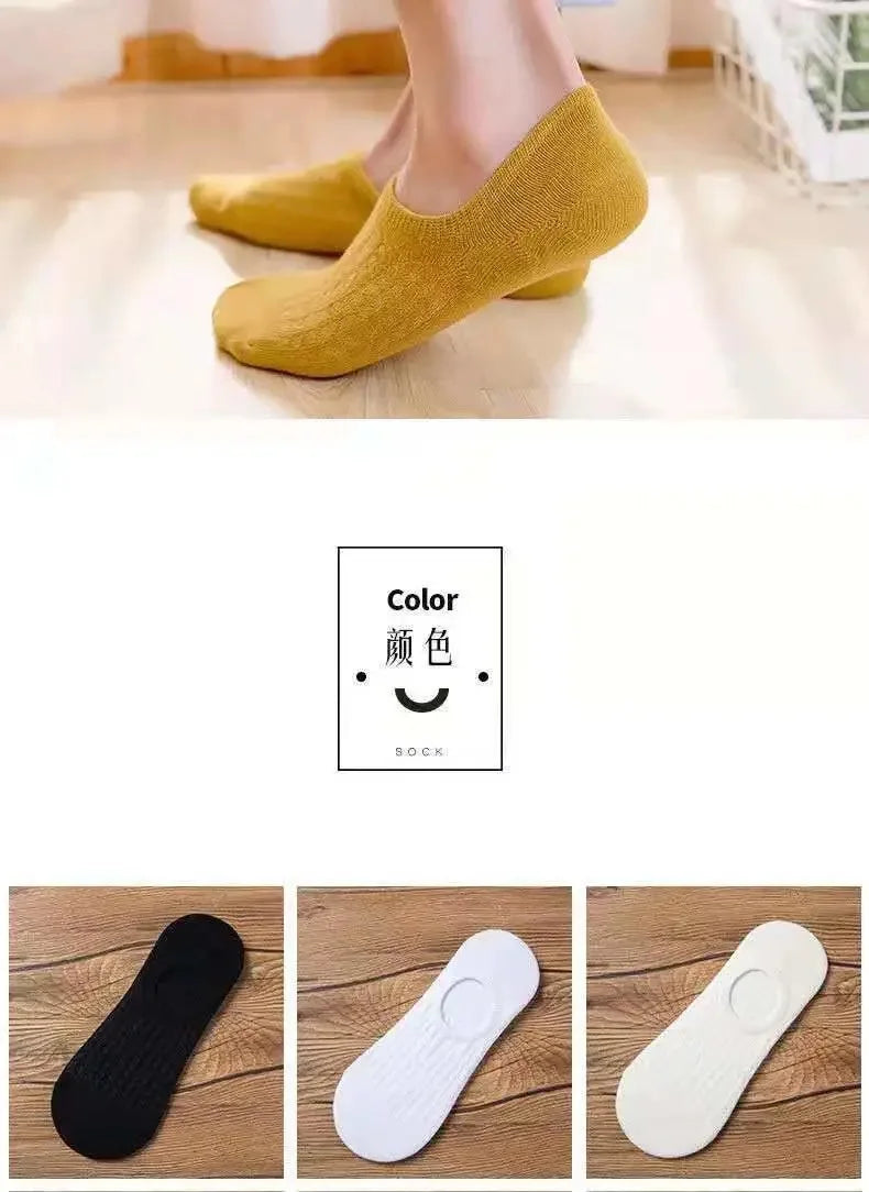 5 Pairs Women's Silicone Invisible Boat Socks - Summer Solid Color Ankle Socks, Soft Cotton Slipper, Size 35-40 EUR