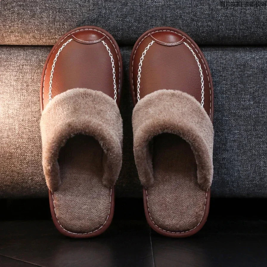 Men & Women Winter PU Leather Slippers — Black Waterproof Indoor Home Shoes, Warm Cozy House Slippers