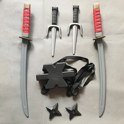 New 56cm Halloween Samurai Ninja Knife Set – 7-Piece Retro Plastic Daggers, Deadpool Cosplay Double Sword Props for Costumes and Toys