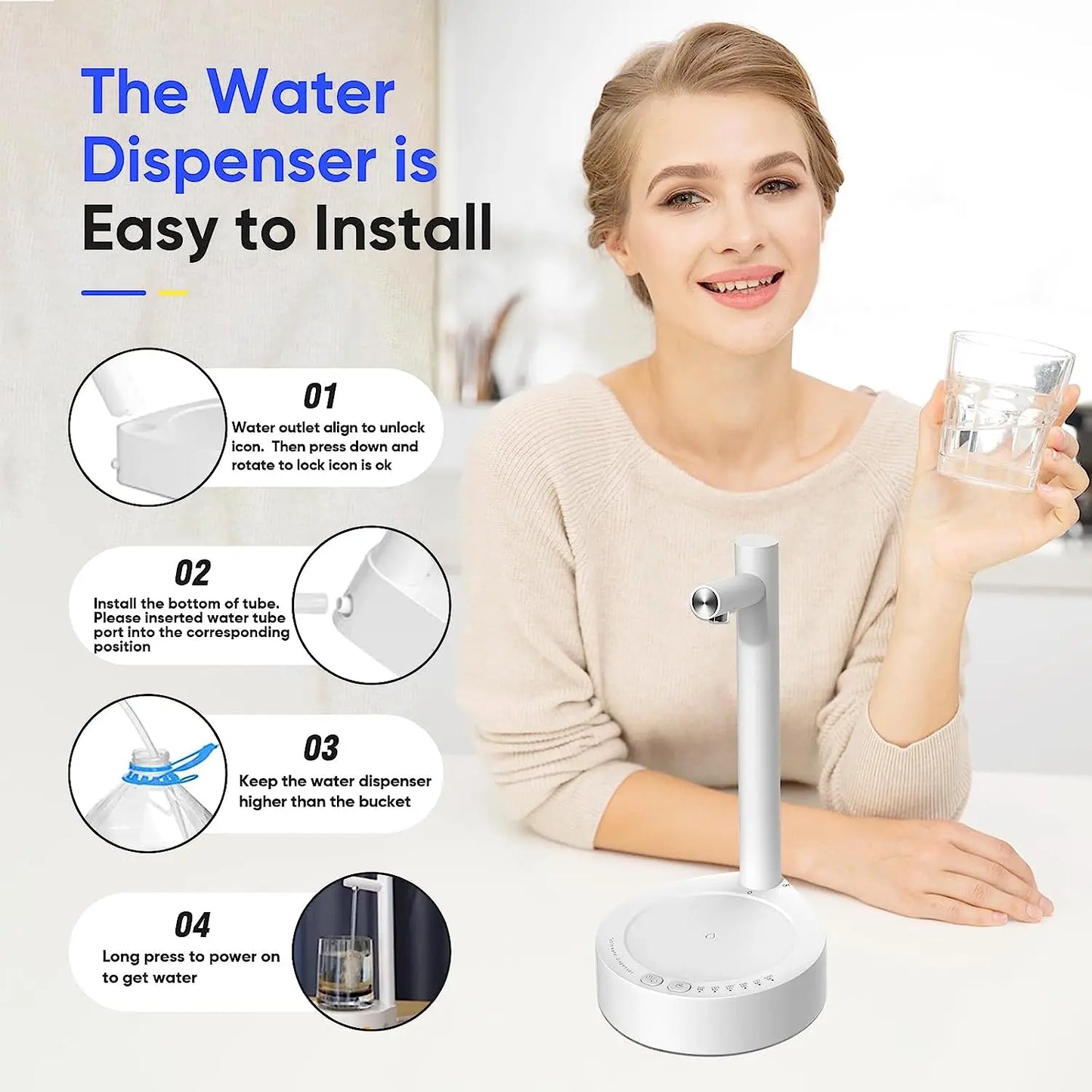 Smart Electric Desktop Water Dispenser - USB Charging, 7-Level Automatic Dispenser for 5 Gallon & Universal Bottles