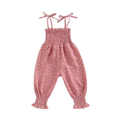 Lioraitiin Toddler Girl Sling Jumpsuit – Heart & Leopard Print Pleated Tie-Up Overalls Romper for Ages 0-4 Years