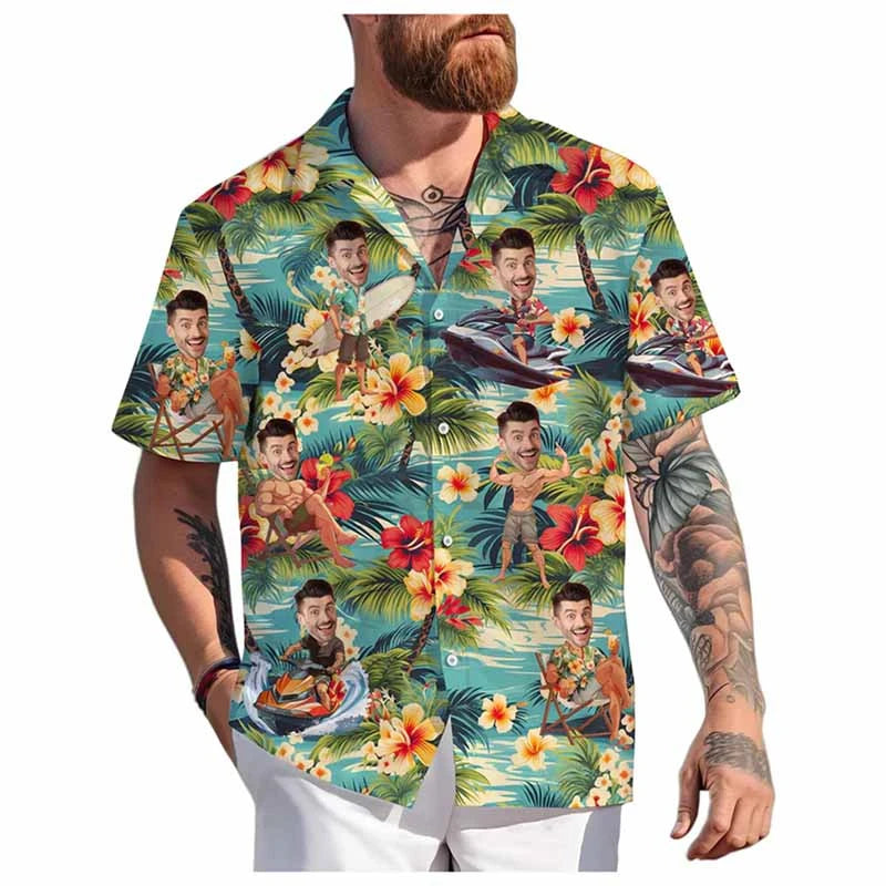Custom Face Hawaiian Shirt - Personalized 3D Printed Unisex Beach Button-Up Short Sleeve Top